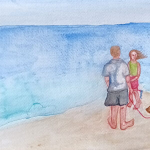 Playa, pareja y perro